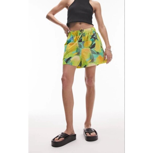 TOPSHOP Lemon Print Shorts Womens Med 8 10 Green Yellow Cotton Drawstring New 3" - Picture 2 of 11